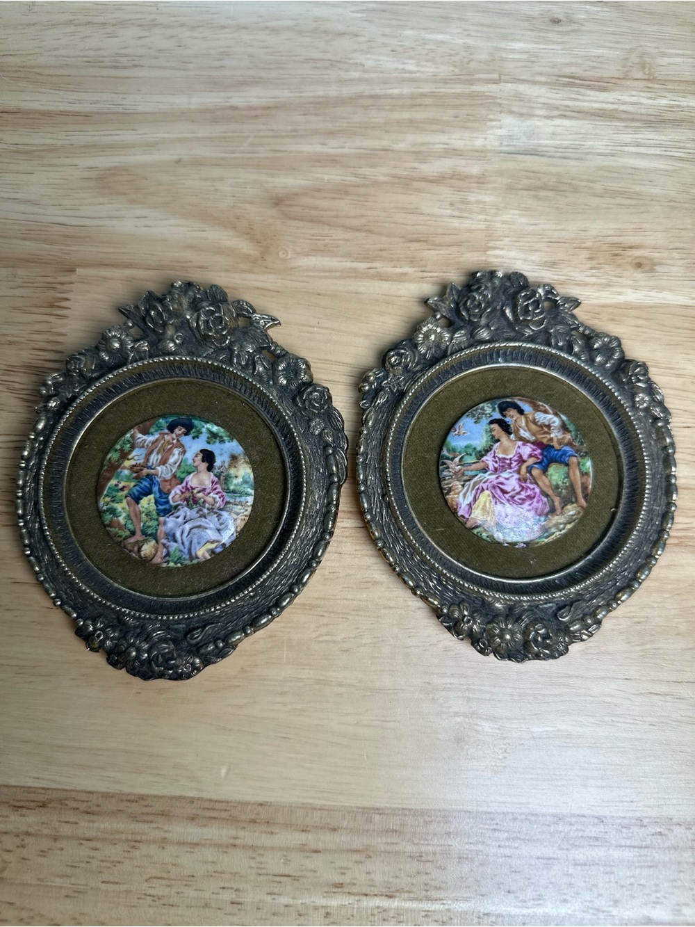 Ornate Floral-Edge Oval Wall Plaque Pair Antique Bronze victorian medallions